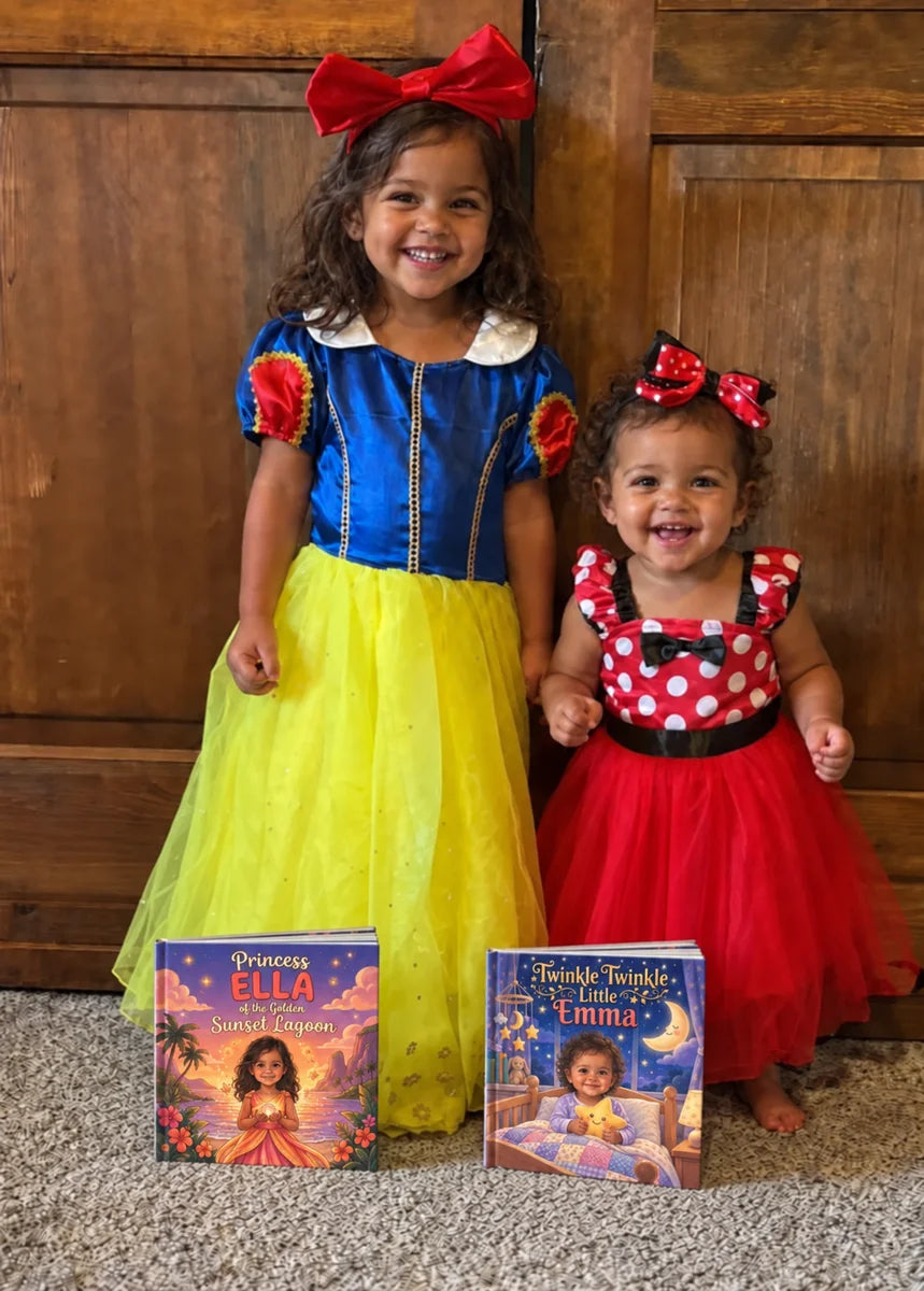 Illustrerende eksempel · Wonder Book Gifts (USA) : Ella og Emma med bøkene sine